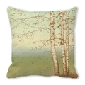 Close-up of peach skin fabric cushion cover with watercolor birch forest and maple leaves - Realistic Birch Forest Landscape (5)