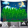 Cartoon night forest tapestry hanging over a grey sofa in a cozy modern living room - Moonlit Forest Night / 100x70cm (Peach Skin Fabric)