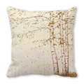Detail showing the watercolor birch forest print and textured fabric on the cushion cover - Realistic Landscape Art Print (7)