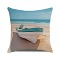 Square cushion cover featuring blue wooden boat on a tropical beach summer scene - Blue White Wood Boat Beach Print (33)