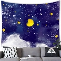 Detail of artistic star and moon wall tapestry hanging above a gray sofa in a room - Healing Crescent Moon / 100x70cm (Peach Skin Fabric)