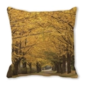 Detail of square pillowcase with autumnal golden ginkgo tree avenue scenery print - Golden Ginkgo Avenue (11)