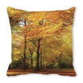 Detailed close-up of soft peach skin pillow cover with golden autumn forest print - Dense Late Autumn Forest Landscape (12)