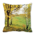 Detail showing the watercolor birch forest landscape print on a soft peach skin cushion cover - Bright Yellow Birch Forest Oil Painting (13)