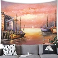 Western oil painting wall tapestry featuring a sunset harbor with sailing boats - 150x130cm / Harbor Sunset Sailboat (24)