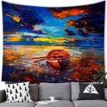 Abstract oil painting tapestry showing a sunset boat on a lake over a gray sofa - 150x130cm / Abstract Sunset Boat (30)