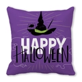 Fodera per cuscino viola di Halloween con cappello da strega e testo Happy Halloween - Motivo Happy Halloween Cappello da Mago (4)