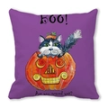 Detail of Halloween pillow cover featuring a watercolor cat in a Boo pumpkin on purple - Cat Pumpkin Lantern Watercolor Pattern (6)