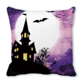 Detail of Halloween pillowcase with watercolor castle, bats, and full moon on purple background - Purple Cloud Castle Bat Silhouette Pattern (7)
