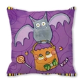 Detail of purple Halloween pillowcase featuring a cute bat holding a pumpkin candy bucket - Purple Cartoon Bat with Pumpkin Bucket Pattern (9)