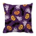 Detail of Halloween pillow case with orange pumpkin and white ghost patterns on purple fabric - Dark Purple Ghost Bat Pumpkin Print Pattern (10)