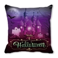 Close-up of Happy Halloween cushion cover featuring purple castle and bats illustration - Happy Halloween Dark Night Castle Ghost Pattern (20)