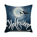 Funda de cojín de Halloween con luna llena y murciélagos en textura de lino oscuro - 45x45 cm / Texto Halloween (26)