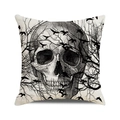 Detail of square throw pillow cover featuring gothic skull design and linen texture - Sketch Style Skull and Birds (7)
