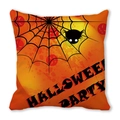 Macro detail of Halloween pillowcase fabric with black spider web and party text design - Halloween Party Spider Pattern(5)