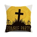 Detail of square cotton linen pillowcase with Halloween moon and Zombie Party print - Bright Yellow Moon Cross Style (11)