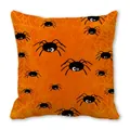 Close-up of Halloween pillow cover featuring black cartoon spiders on orange spiderweb fabric - Orange Cartoon Spider Pattern(7)