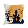 Detail of linen cushion cover showing Halloween castle silhouette and orange moon pattern - Black Castle and Orange Moon (12)
