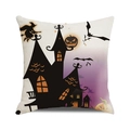 Detail of Halloween pillowcase with watercolor pumpkin, haunted castle, and flying witch - Purple Witch Castle Style (15)