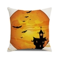 Close-up of Halloween pumpkin castle print on textured linen-style cushion cover - Orange Full Moon Castle Silhouette (17)