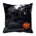 Halloween pillow cover with spooky castle, moon and glowing pumpkin print design - Late Night House Pumpkin Light (16) / 45x45cm