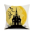 Detail of square pillowcase featuring watercolor Halloween castle and bat print - Gothic Castle and Moon Pattern (16)