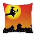 Detail of Halloween pillow case with black cat, witch on broom and orange moon print - Witch Black Cat Castle Pattern(13)