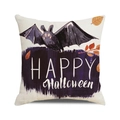 Detail of Halloween cushion cover with bat print and Happy Halloween text on linen fabric - Purple Background Cartoon Bat (19)