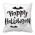 White square Halloween pillow case with Happy Halloween text and bat spiderweb graphics - Dripping Text Halloween (34)