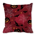 Close-up of Halloween pillow cover featuring wizard, pumpkin, and bat on dark red fabric - Wizard Bat Maple Leaf Pattern(16)