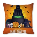 Close-up of Halloween pillow cover featuring vibrant pumpkin, skull, and witch hat print - Grim Reaper Skull Cauldron Pattern(18)
