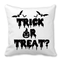 Square Halloween pillow cover featuring black 'Trick or Treat' text and pumpkin graphics - Trick Or Treat? (35)