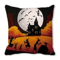 Halloween pillowcase featuring moon, castle, witch and black cat on peach skin fabric - Witch Black Cat Castle Classic Illustration(33)