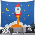 Cartoon rocket space tapestry in deep blue with moon and stars for kids room decor - Rocket Aerospace / 100x70cm (Peach Skin Fabric)