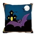Halloween peach skin pillow cover with cartoon bats and haunted castle illustration - Purple Cartoon Bat Ghost Castle Illustration (23)