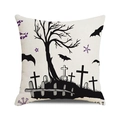 Halloween pillow cover with black cemetery silhouette and purple stars on white linen - Tree Cemetery Bat Silhouette (22)