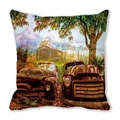 Square cushion cover featuring vintage GMC trucks in a rustic countryside field - Retro Rusty Truck Art (GMC) (23)