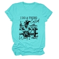 Detail of teal cotton T-shirt featuring retro cowgirl graphic and typography text - S / Deep Water Blue (Black Letters)