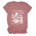 Detail of crew neck t-shirt with retro western female print in dusty rose color - S / Rose Gold (White Letters)