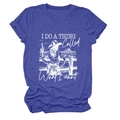Detail of blue cotton t-shirt with I DO A THING white screen print design - S / Vintage Blue (White Letters)