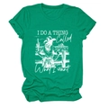 Macro detail of emerald green crew neck T-shirt with white vintage western cowgirl print - S / Dark Green (White Letters)