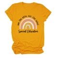 Detail of mustard yellow cotton T-shirt featuring rainbow and special education text - S / Mustard Yellow (Black Text)