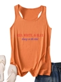 Flat lay of an orange tank top with patriotic text, denim shorts and flip-flops - S / Light Orange