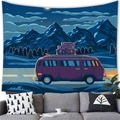 Cartoon purple camper van mountain night scenery tapestry hanging above a sofa - Travel Bus / 100x70cm (Peach Skin)