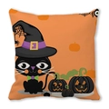 Halloween-Kissenhülle Detail mit schwarzer Katze, Hexenhut und Kürbis auf orangem Stoff - Hexenhut Schwarze Katze Kürbis (4)