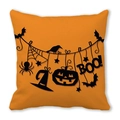Detail of Halloween pillowcase with orange background featuring black Boo text and pumpkin icons - Spider Web Silhouette (6)