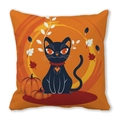 Detail of Halloween pillowcase with cartoon black cat, pumpkin, and autumn leaf graphics - Orange Background Cartoon Black Cat (7)