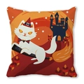 Detail of cartoon white cat riding broom on Halloween cushion cover with festive castle - White Cat on Broomstick (8)