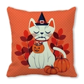 Detail of cartoon white cat with wizard hat and pumpkin on orange dotted pillowcase - White Cat with Pumpkin Bucket (9)
