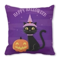 Detail of Happy Halloween pillow case showing black cat and pumpkin with star motifs - Purple Witch Hat Black Cat (10)